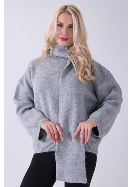 Gri Şal Aksesuarlı Bisiklet Yaka Triko Kazak 46892633.06