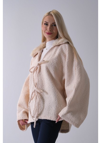 Ekru Önü Bağlama Detaylı Yakası Kürklü Panço 47122475.147