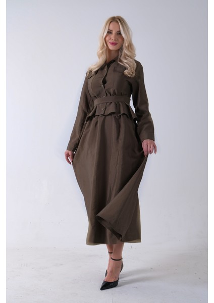 Haki Ceket Cep Görünüm Detaylı Düğme Kapamalı Etekli Takım 5303168.23 fırsatları