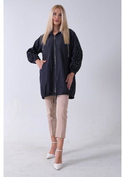 Lacivert 2 Cepli Kolları Dantel Taş Işlemeli Trenç 940140168.02