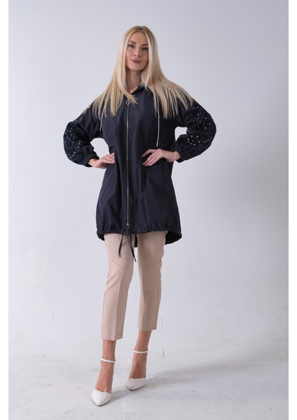 Lacivert 2 Cepli Kolları Dantel Taş Işlemeli Trenç 940140168.02