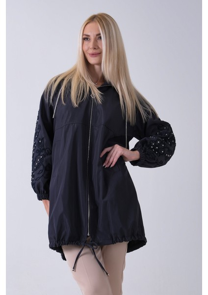 Lacivert 2 Cepli Kolları Dantel Taş Işlemeli Trenç 940140168.02