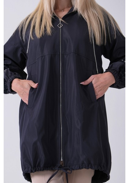 Lacivert 2 Cepli Kolları Dantel Taş Işlemeli Trenç 940140168.02