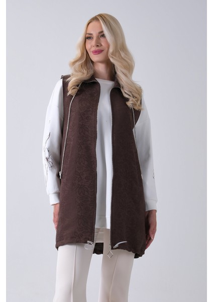 Kahve Tunik Kolu Çiçek Desenli Yelekli 2'li Takım 940120274.05