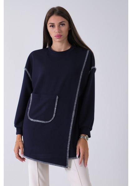 Lacivert Önü Kanguru Cep Detaylı Çizgi Dikişli Bisiklet Yaka Tunik 940170263.02