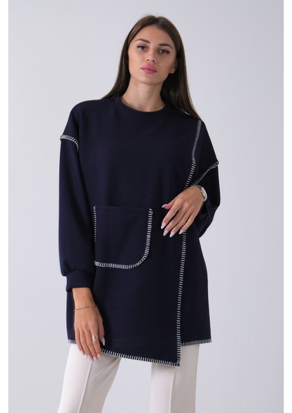 Lacivert Önü Kanguru Cep Detaylı Çizgi Dikişli Bisiklet Yaka Tunik 940170263.02 fiyatları
