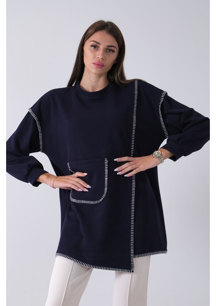 Lacivert Önü Kanguru Cep Detaylı Çizgi Dikişli Bisiklet Yaka Tunik 940170263.02 modelleri