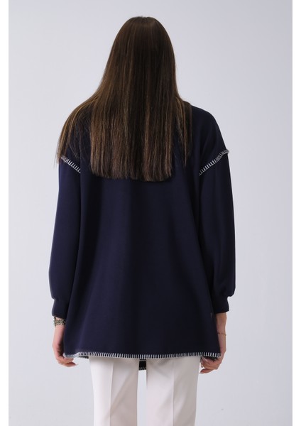 Lacivert Önü Kanguru Cep Detaylı Çizgi Dikişli Bisiklet Yaka Tunik 940170263.02 indirimleri