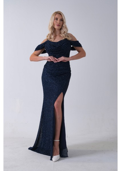 Lacivert Düşük Omuz Yırtmaç Detaylı Pul Payet Abiye 9705646.02 fırsatları