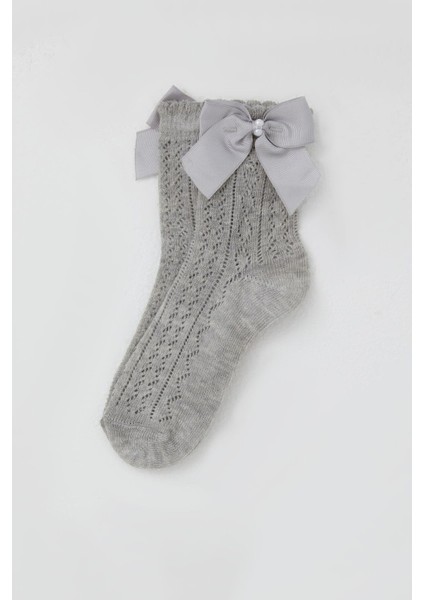 Kız Çocuk File Soket Çorap Fiyonk Aksesuarlı Incili 5-8 Yaş, Gri Melanj