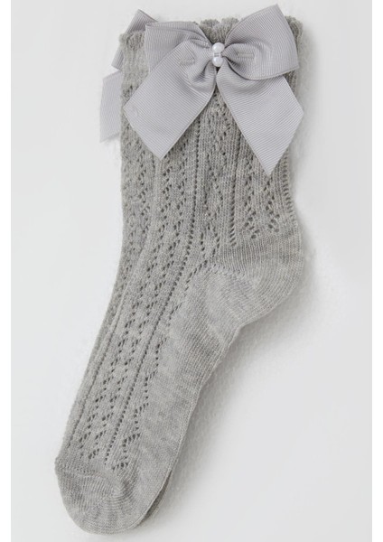 Kız Çocuk File Soket Çorap Fiyonk Aksesuarlı Incili 5-8 Yaş, Gri Melanj modelleri