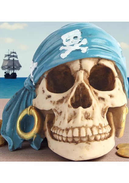 Mavi Bandanalı Korsan Kafatası Biblo 15 cm Reçine Dekor Figür Ev Ofis Cadılar Bayramı Süsü Kurukafa