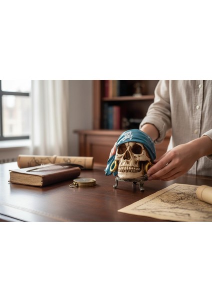 Mavi Bandanalı Korsan Kafatası Biblo 15 cm Reçine Dekor Figür Ev Ofis Cadılar Bayramı Süsü Kurukafa fiyatları