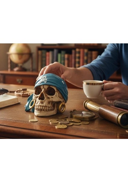 Mavi Bandanalı Korsan Kafatası Biblo 15 cm Reçine Dekor Figür Ev Ofis Cadılar Bayramı Süsü Kurukafa modelleri