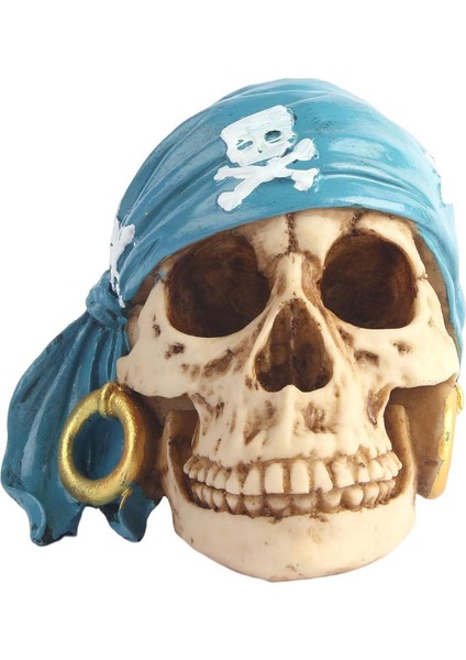 Mavi Bandanalı Korsan Kafatası Biblo 15 cm Reçine Dekor Figür Ev Ofis Cadılar Bayramı Süsü Kurukafa fırsatları