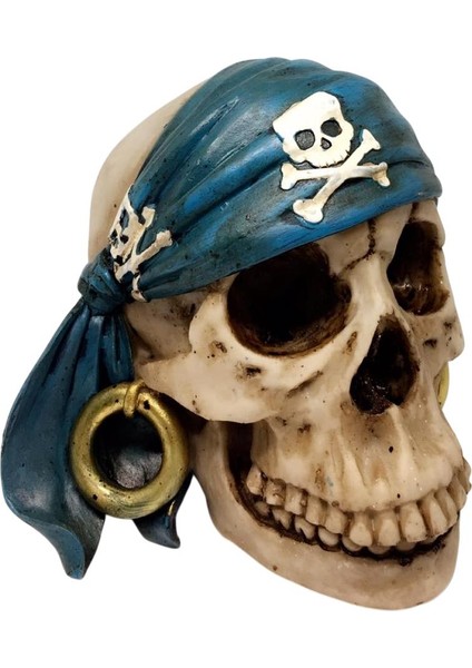Mavi Bandanalı Korsan Kafatası Biblo 15 cm Reçine Dekor Figür Ev Ofis Cadılar Bayramı Süsü Kurukafa indirimleri