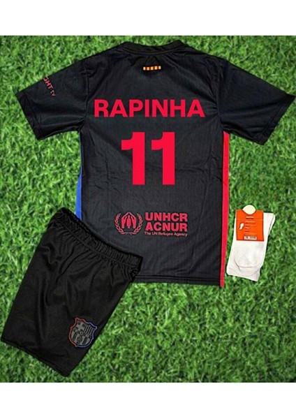 Kopya - Rapinha Barcelona Siyah Deplasman Çocuk Forma Takımı 3'lü Set Çorap Hediyeli
