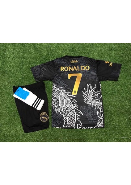 Reall-Madrid Cr7 Cristiano Ronaldo Özel Tasarım Dragon Desenli Çocuk Forması 3 Lü Set ( Siyah)