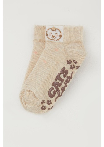 Kız Çocuk Çorap Abs Li Sevimli Ayıcık Baskılı 1-6 Yaş, Bej Melanj