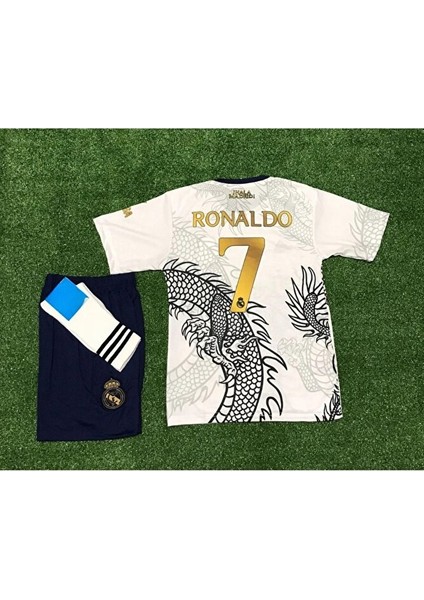 Özel Konsept Dragon Gold Beyaz Ronaldo Cr7 Baskılı Çocuk Forması Forma Şort Çorap