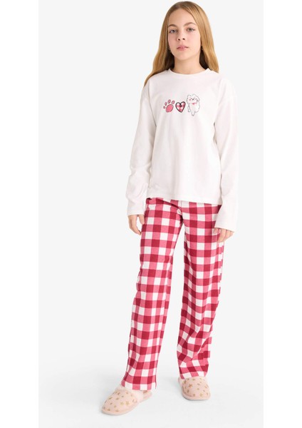 Kız Çocuk Pijama Takımı Baskılı Uzun Kollu Üst Kareli Uzun ALT F7287A825AU