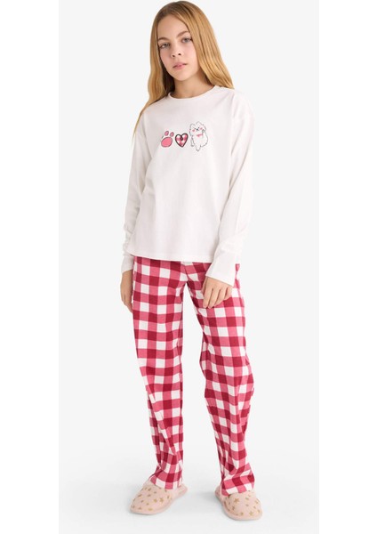 Kız Çocuk Pijama Takımı Baskılı Uzun Kollu Üst Kareli Uzun ALT F7287A825AU fiyatları