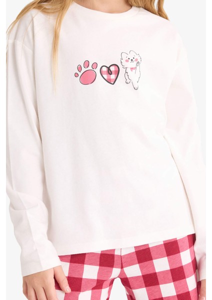 Kız Çocuk Pijama Takımı Baskılı Uzun Kollu Üst Kareli Uzun ALT F7287A825AU modelleri