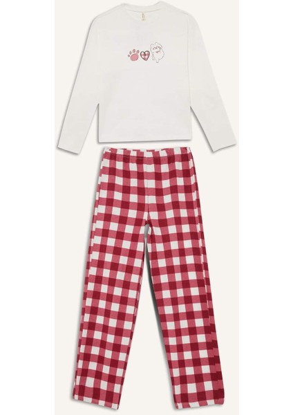 Kız Çocuk Pijama Takımı Baskılı Uzun Kollu Üst Kareli Uzun ALT F7287A825AU