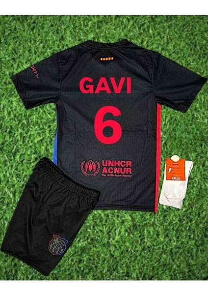 2024/25 Barcelona Siyah #6 Gavi Çocuk Futbol Forması 4lü Set