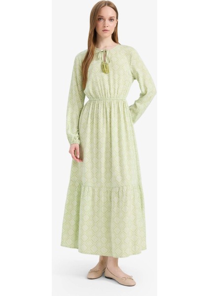 Bisiklet Yaka Desenli Viskon Uzun Kollu Maxi ELBISE D9636AX25SM