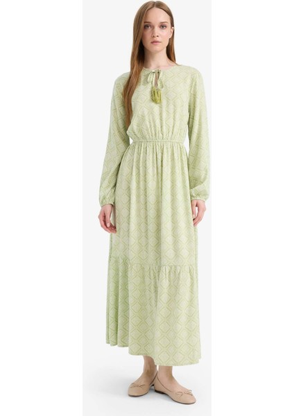 Bisiklet Yaka Desenli Viskon Uzun Kollu Maxi ELBISE D9636AX25SM modelleri