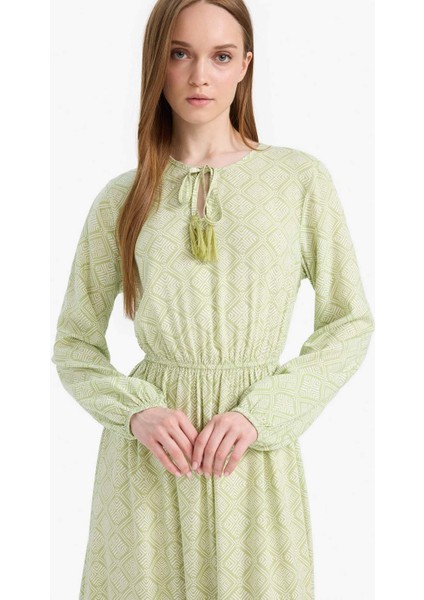 Bisiklet Yaka Desenli Viskon Uzun Kollu Maxi ELBISE D9636AX25SM fırsatları