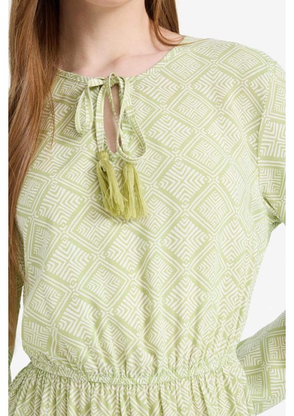 Bisiklet Yaka Desenli Viskon Uzun Kollu Maxi ELBISE D9636AX25SM