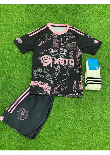 Lionel Messi Inter/miami Özel Tasarım Çocuk Siyah Pembe Desenli Forması (Şort Çorap Forma)