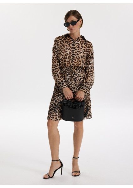 Lastikli Bel Bej - Siyah Kadın Desenli Mini Etek F5WL-ETK0361