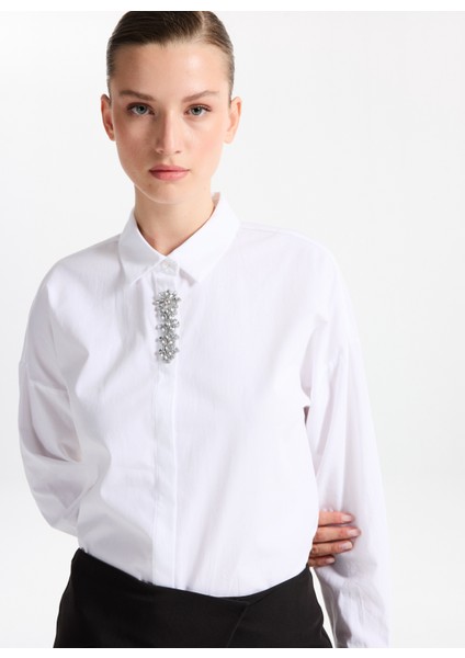 Oversize Gömlek Yaka Taşlı Beyaz Kadın Gömlek F5WL-GML0098