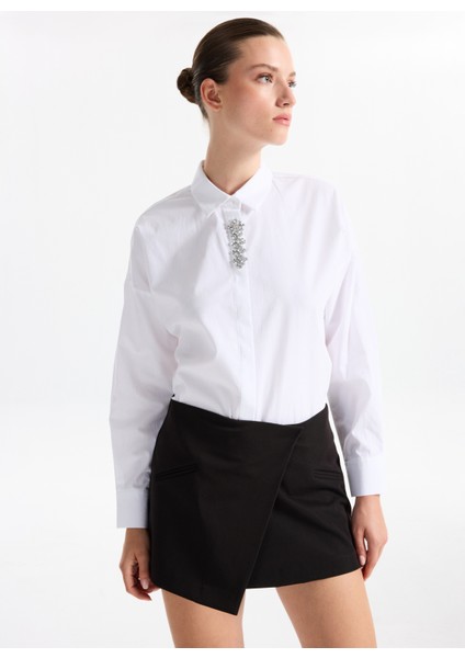 Oversize Gömlek Yaka Taşlı Beyaz Kadın Gömlek F5WL-GML0098 modelleri