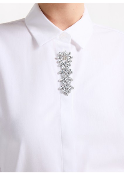 Oversize Gömlek Yaka Taşlı Beyaz Kadın Gömlek F5WL-GML0098 fırsatları