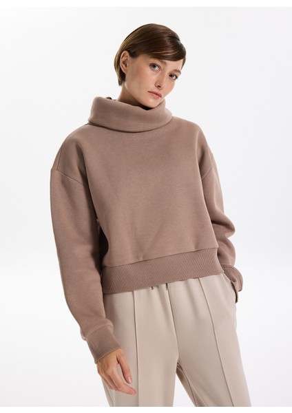 Balıkçı Yaka Düz Vizon Kadın Sweatshırt Veja-Y