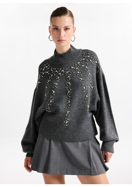 Yarım Balıkçı Yaka Loose Fit Taşlı Antrasit Kazak Kadın F5WL-KZK0307 fırsatları