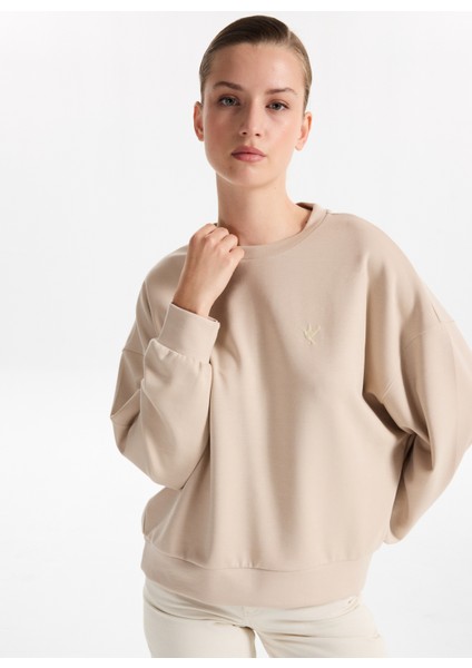 Bisiklet Yaka Baskılı Bej Kadın Sweatshırt F5WL-SWT0385