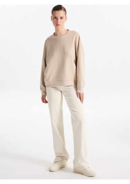 Bisiklet Yaka Baskılı Bej Kadın Sweatshırt F5WL-SWT0385 fiyatları