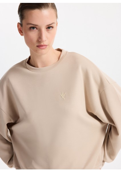 Bisiklet Yaka Baskılı Bej Kadın Sweatshırt F5WL-SWT0385 modelleri