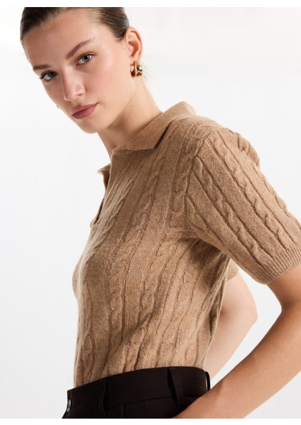 Gömlek Yaka Relaxed Saç Örgü Desenli Camel Kazak Kadın F5WL-KZK0257