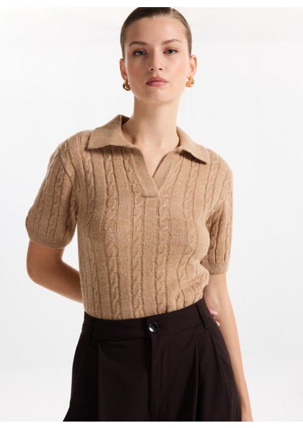 Gömlek Yaka Relaxed Saç Örgü Desenli Camel Kazak Kadın F5WL-KZK0257 modelleri