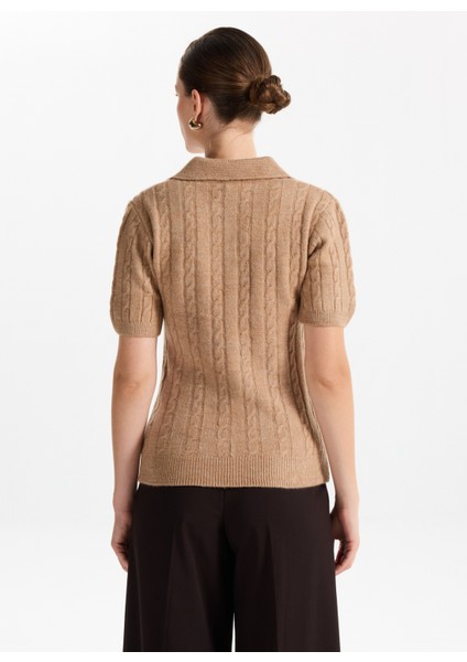 Gömlek Yaka Relaxed Saç Örgü Desenli Camel Kazak Kadın F5WL-KZK0257 indirimleri