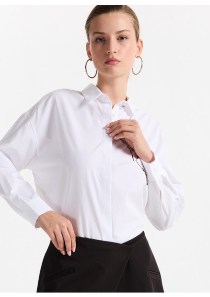 Loose Fit Gömlek Yaka Taşlı Beyaz Kadın Gömlek F5WL-GML0100