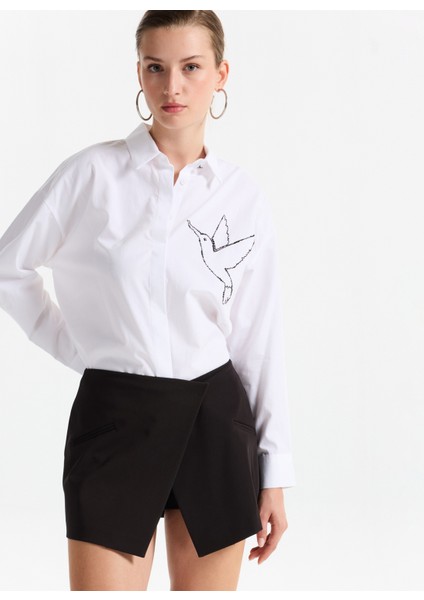 Loose Fit Gömlek Yaka Taşlı Beyaz Kadın Gömlek F5WL-GML0100 fiyatları