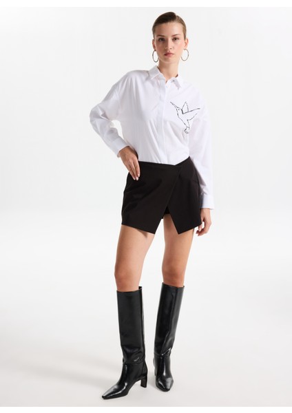 Loose Fit Gömlek Yaka Taşlı Beyaz Kadın Gömlek F5WL-GML0100 modelleri