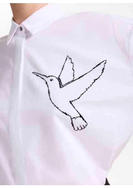 Loose Fit Gömlek Yaka Taşlı Beyaz Kadın Gömlek F5WL-GML0100 fırsatları